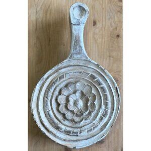 Vintage Wood Trivet White Distressed Handmade Floral Flower Folk Art Mold